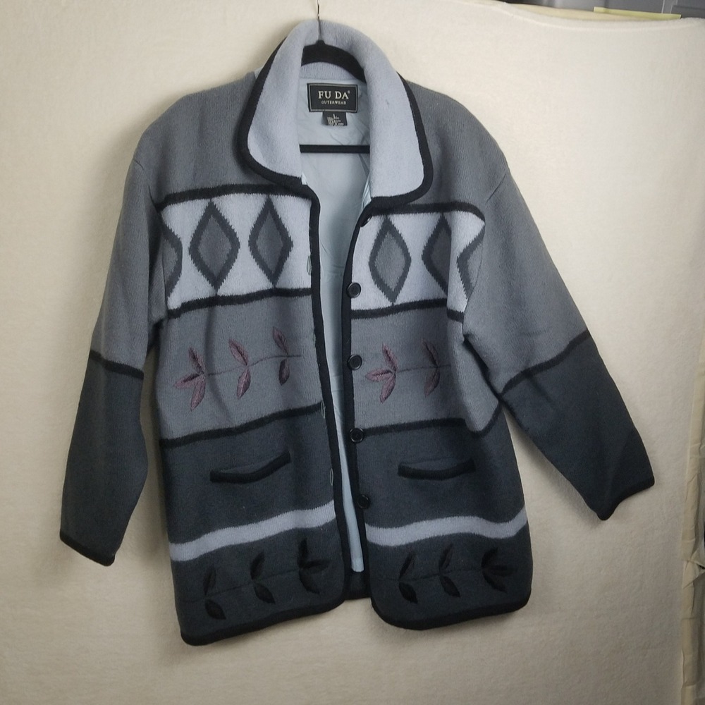 FU DA Outwear Womens L Wool Cardigan Sweater Jacket‎ Geometric Print
